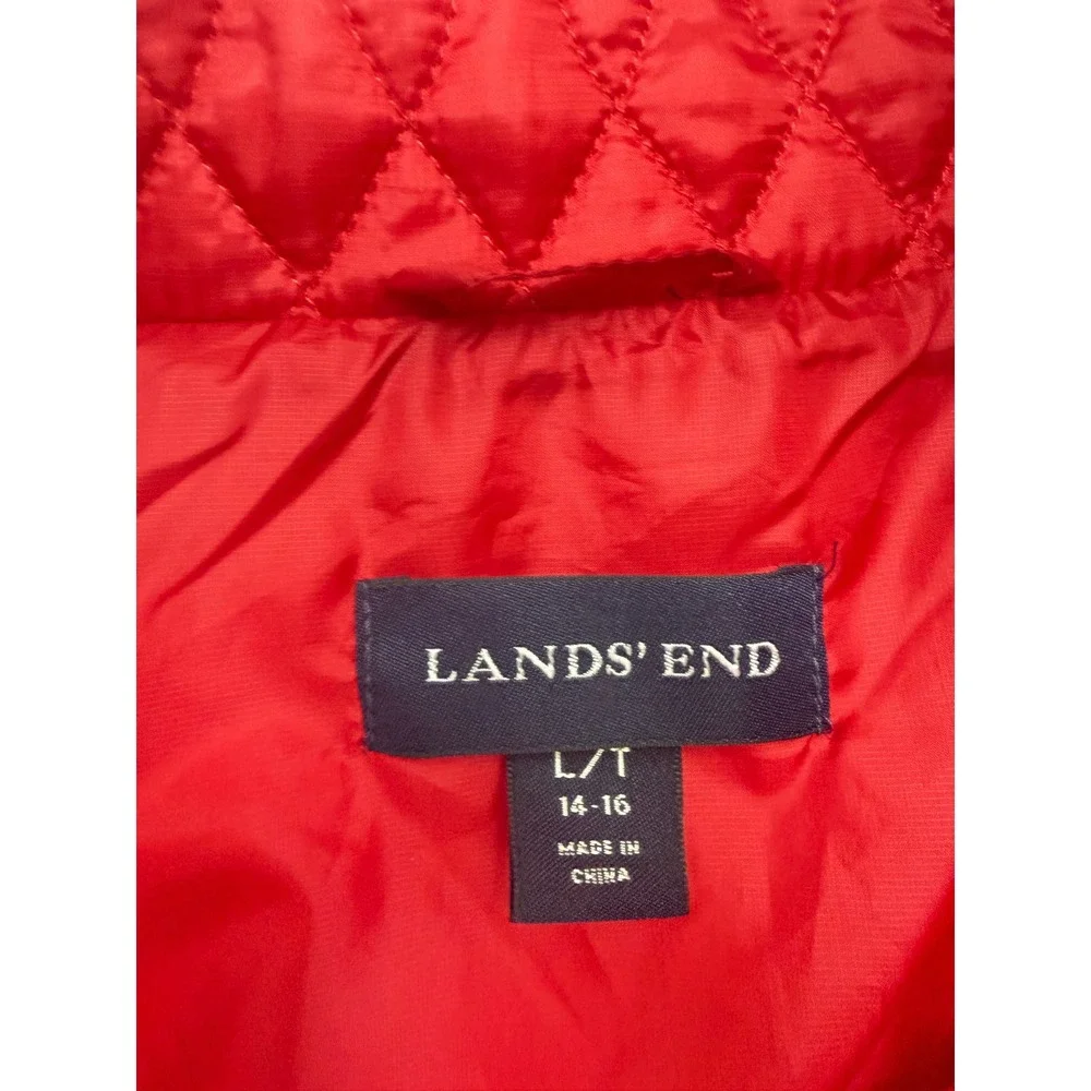 Lands End Kids Red Quilted PrimaLoft Full Zip Jacket Mock Neck‎ Size L 14-16